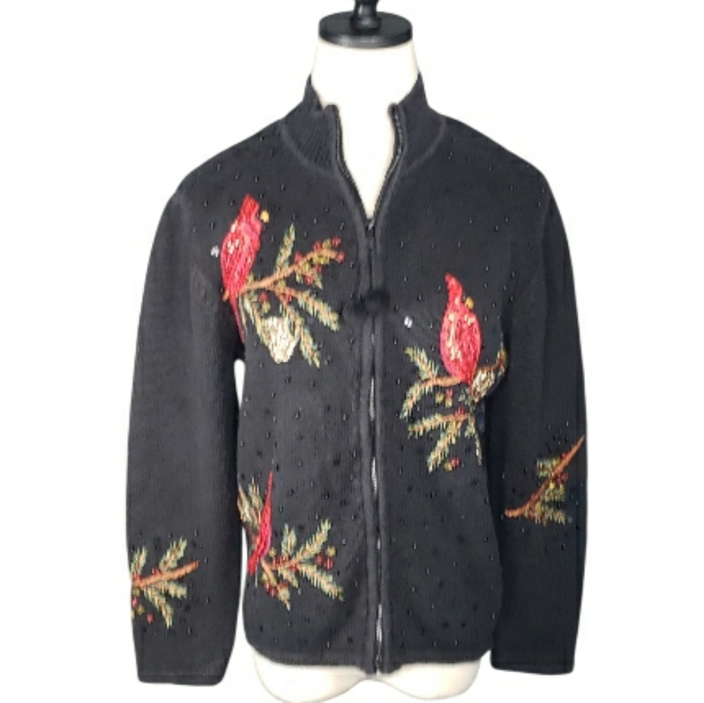 Vtg Tiara International Christmas Collection Gay Cardinal Sequin Beaded Cardigan